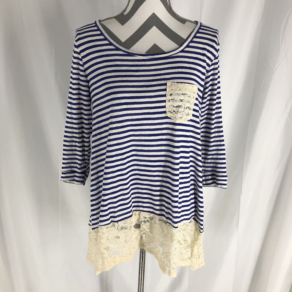 Orange Creek Women's Med Boho Style Stretch Knit & Lace Tunic Striped